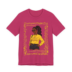Pink t-shirt with a graphic of a woman in a yellow shirt and sunglasses, with 'SELF LOVE' text, on a white background.