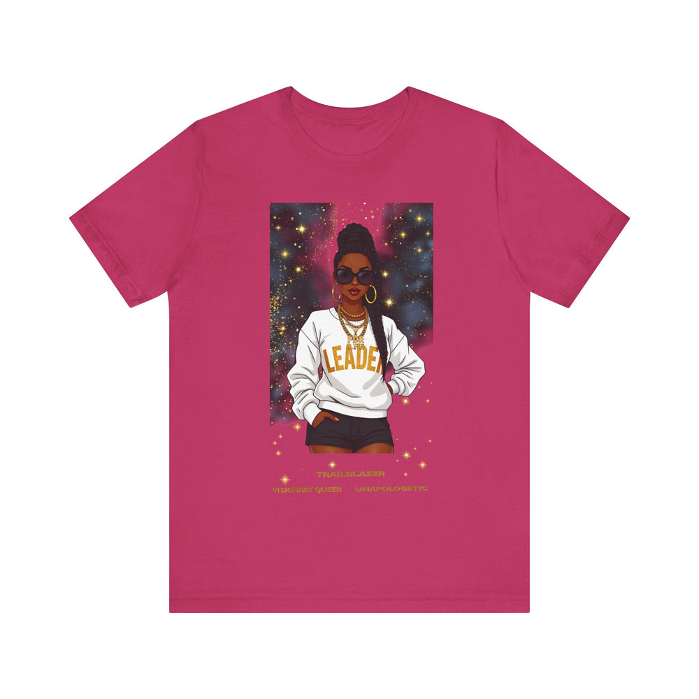 Pink t-shirt with a graphic of a woman wearing a 'Leader' sweatshirt on a white background