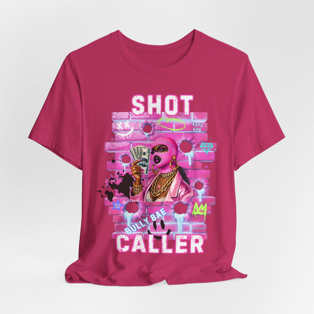 Pink t-shirt with graphic design and text on a white background