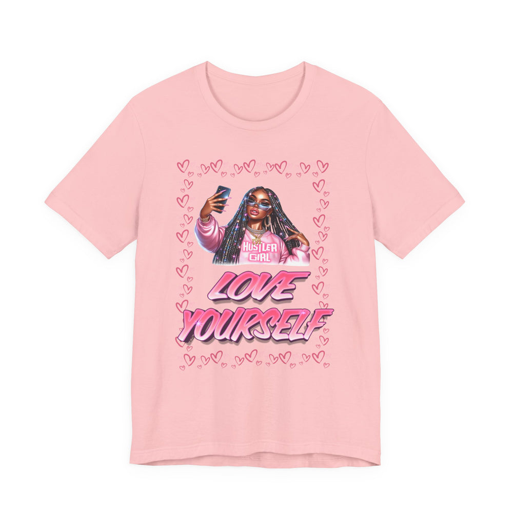 Pink t-shirt with graphic design of a woman and 'Love Yourself' text on a white background