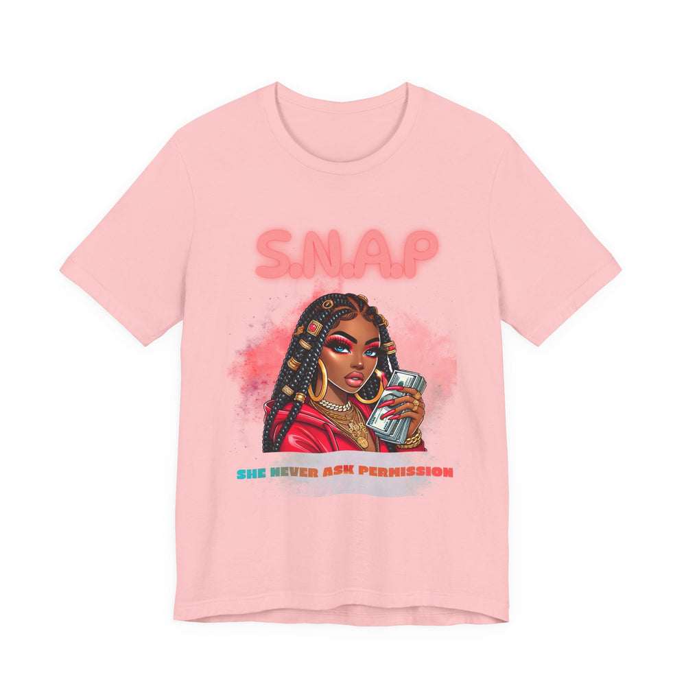 Pink t-shirt with graphic of a woman and text on a white background
