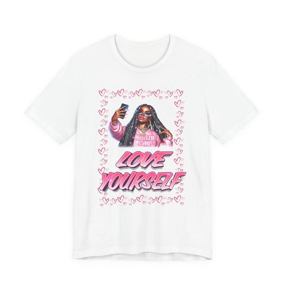 Pure White t-shirt with graphic design of a woman, text, and hearts on a white background