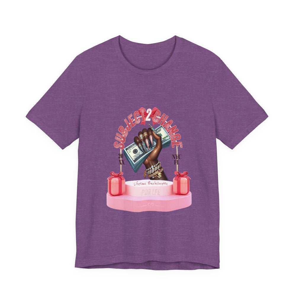 Purple Heather t-shirt with a graphic design of a hand holding money and text on a white background