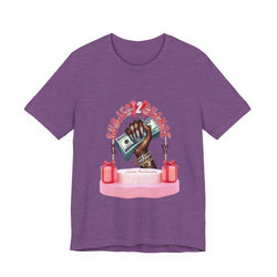 Purple Heather t-shirt with a graphic design of a hand holding money and text on a white background