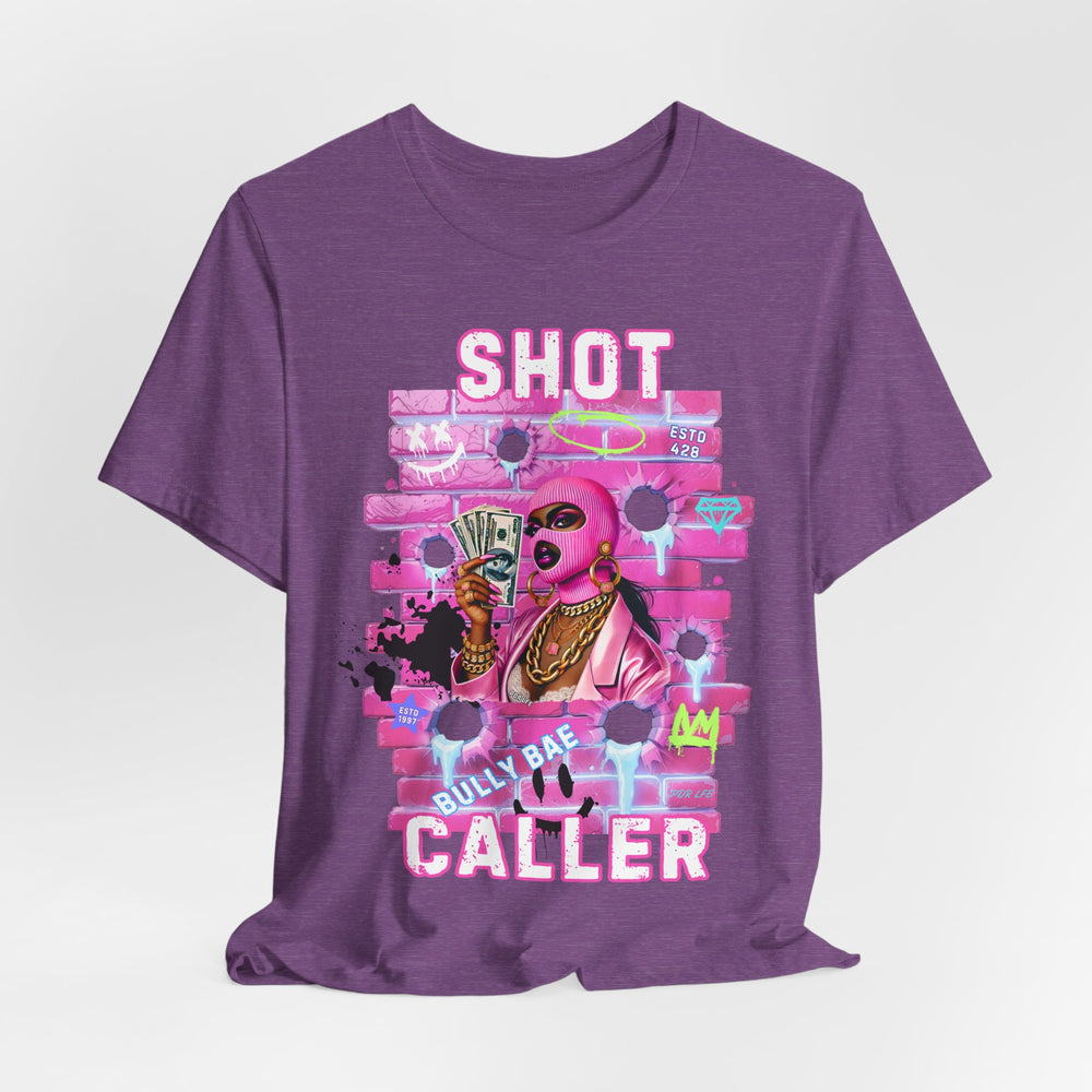 Purple Heather  t-shirt with graphic design and text on a white background