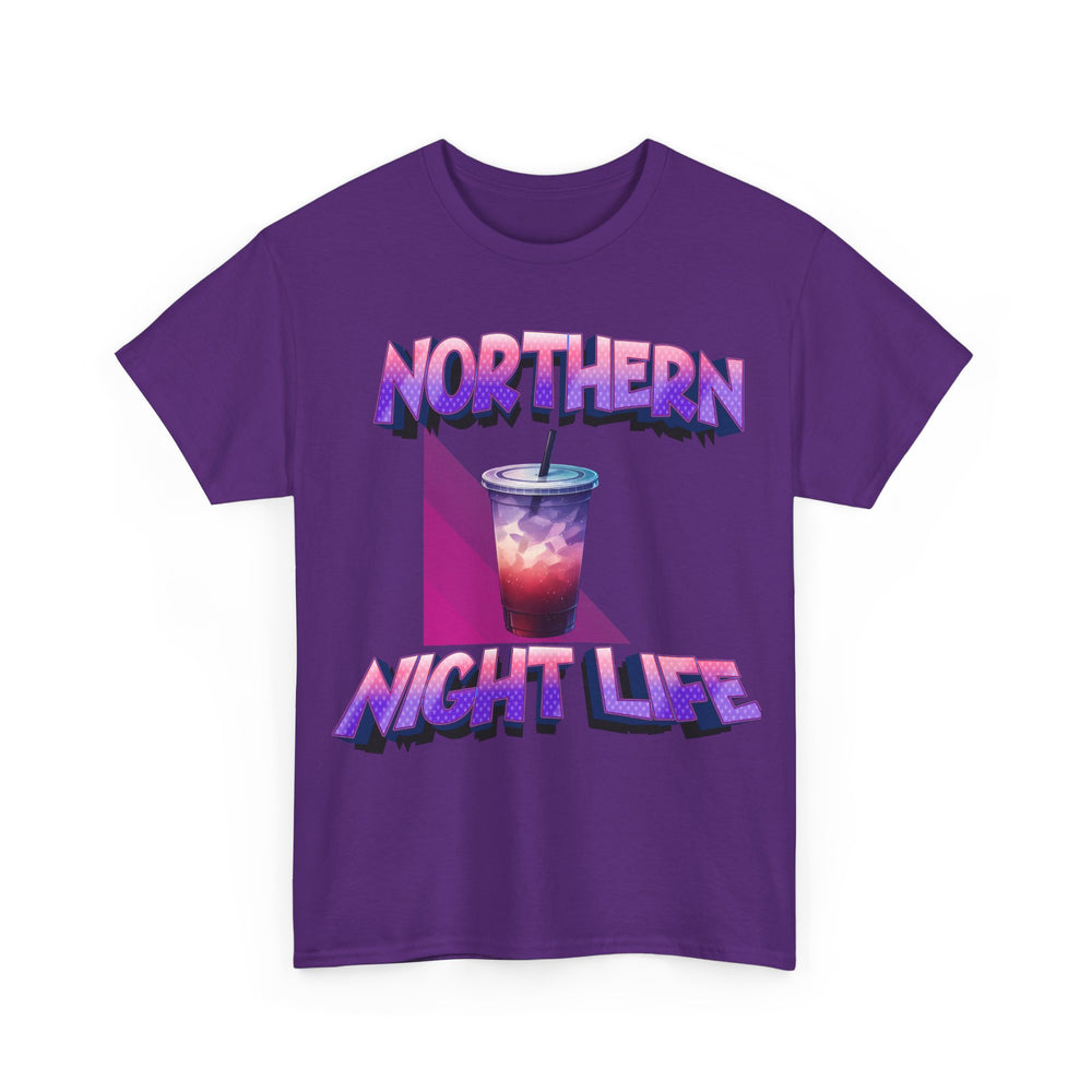Purple t-shirt with 'Northern Night Life' text and a drink graphic on a white background