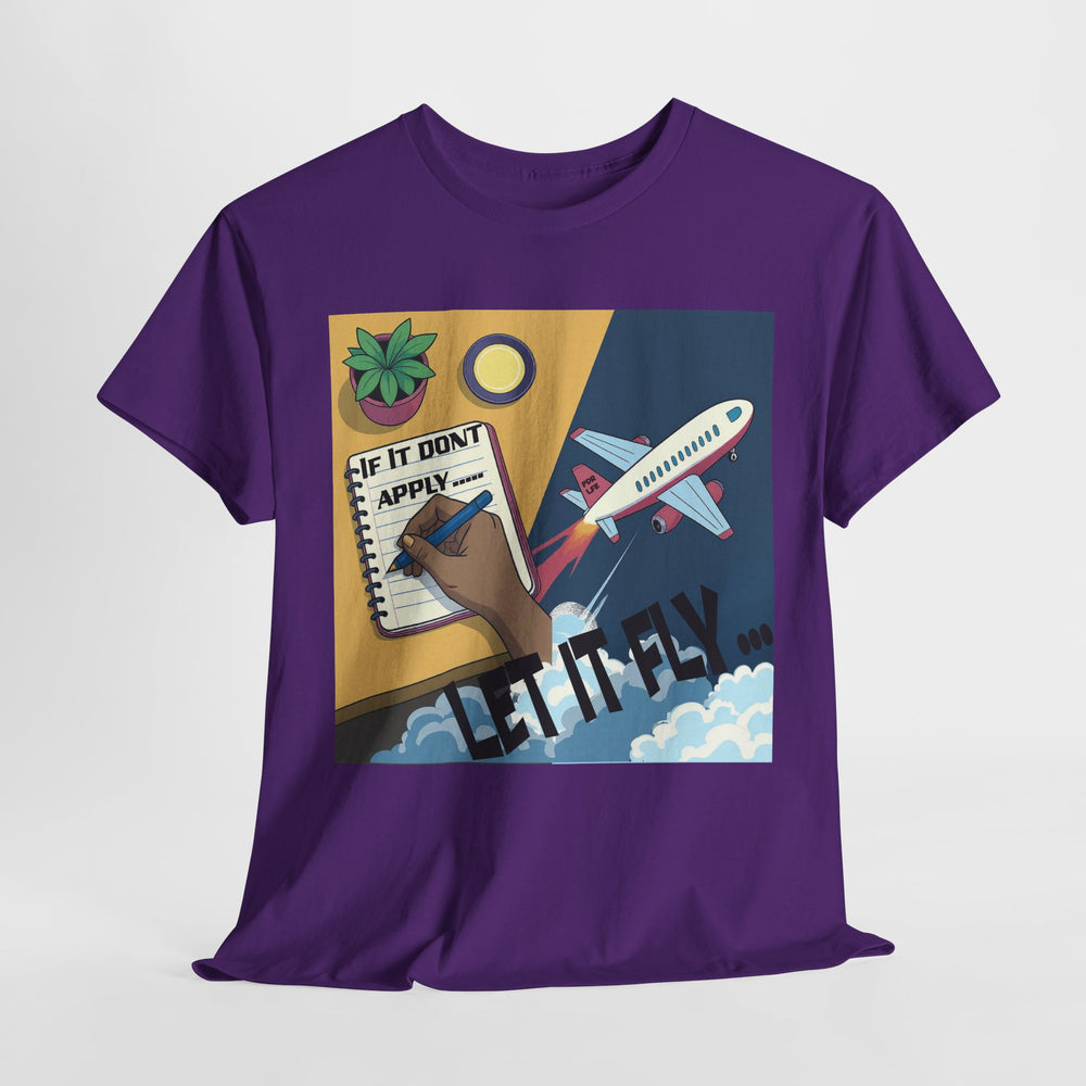 Purple t-shirt with a graphic design featuring an airplane and text on a white background