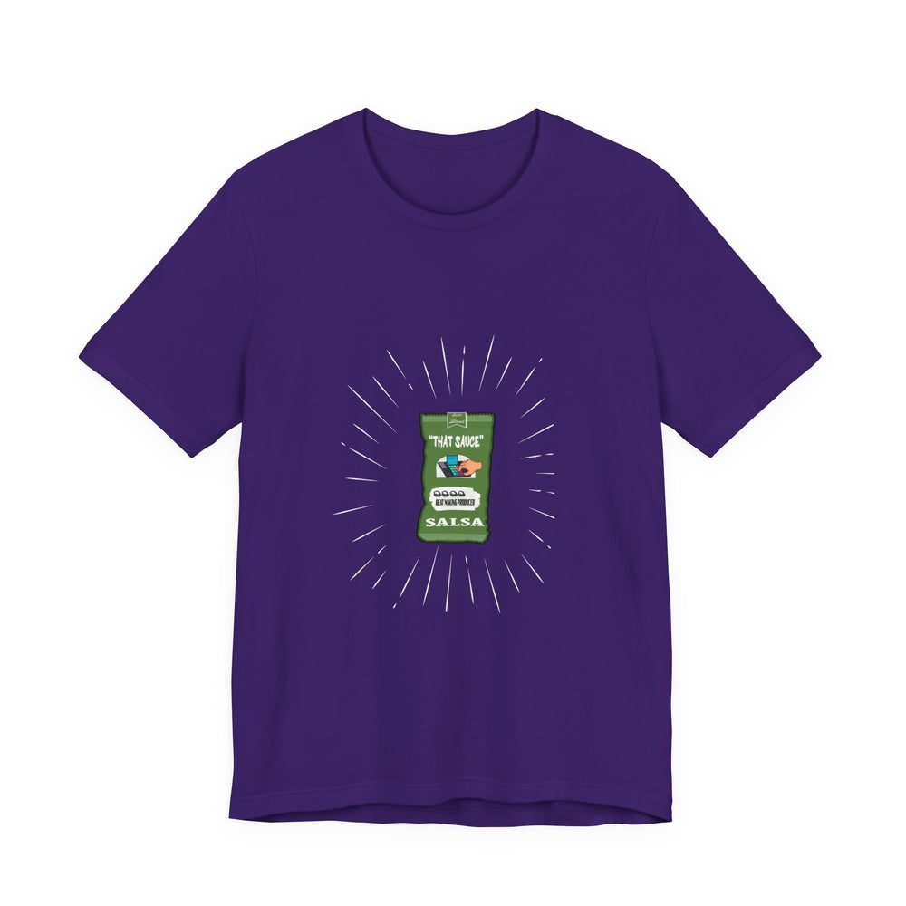 Purple t-shirt with a graphic of a salsa packet on a white background