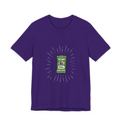 Purple t-shirt with a graphic of a salsa packet on a white background