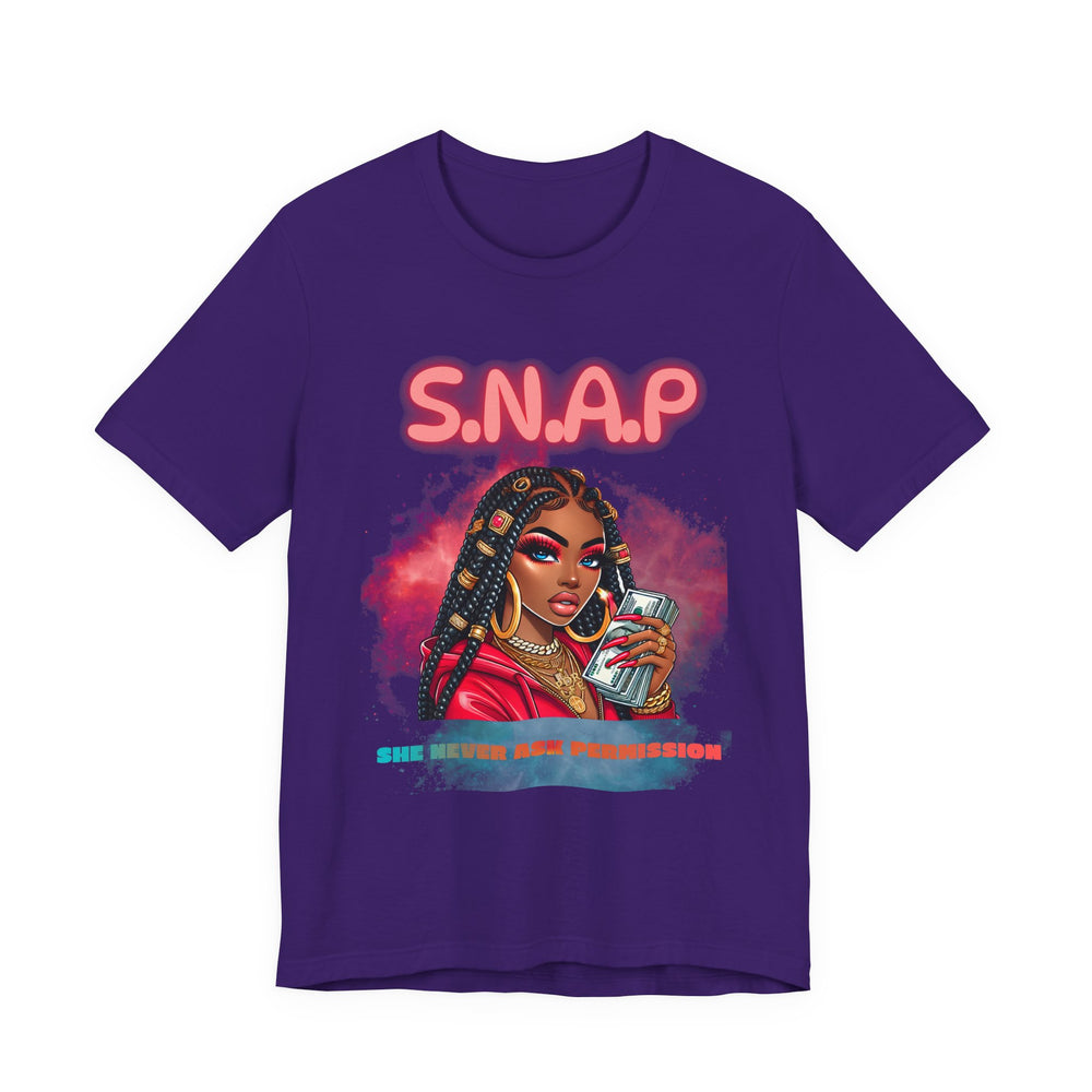 Purple t-shirt with a graphic of a woman and 'S.N.A.P' text on a white background
