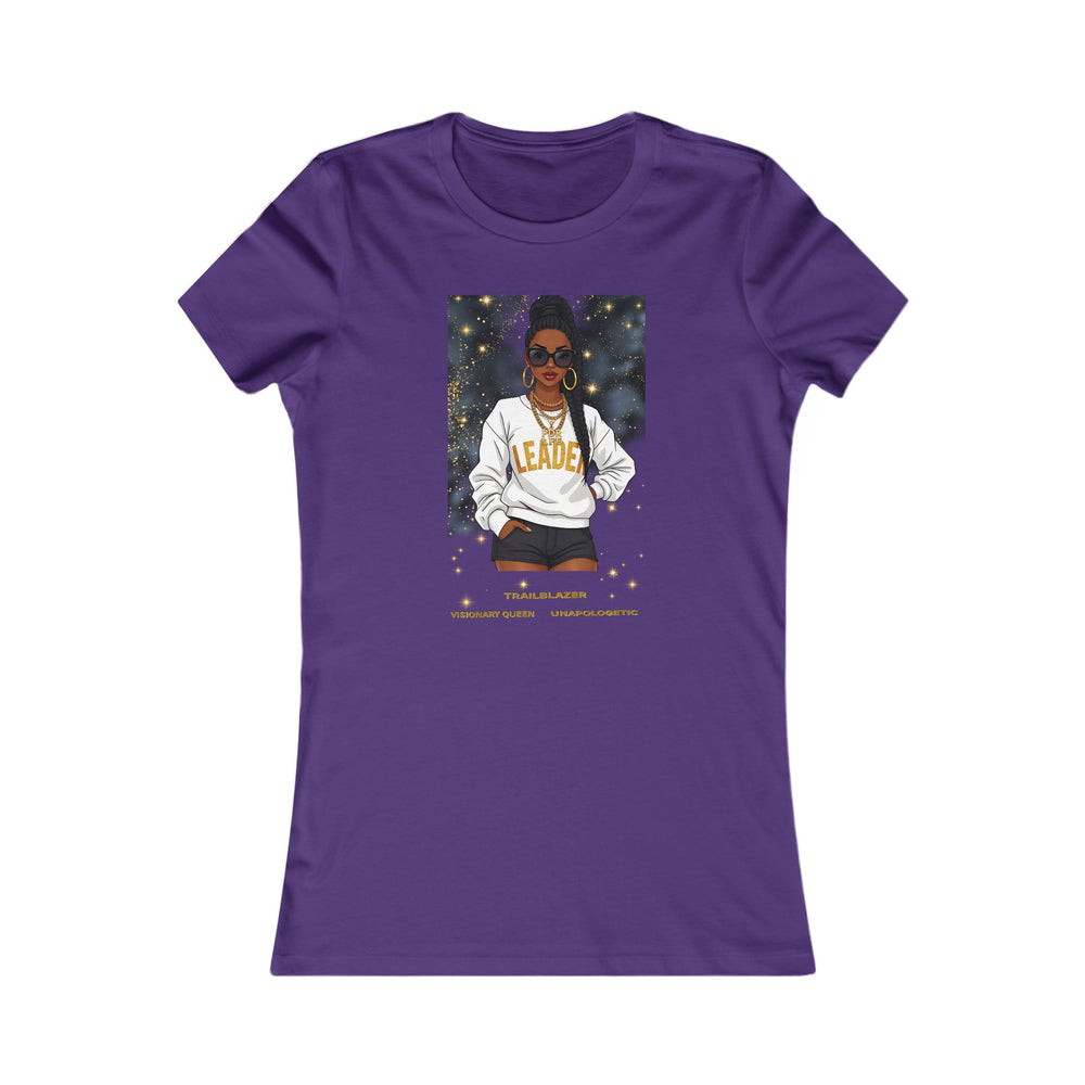 Purple t-shirt with a graphic of a woman wearing a 'Leader' sweatshirt on a white background