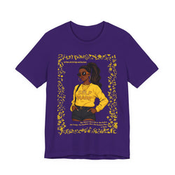 Purple t-shirt with a graphic of a woman wearing a yellow 'SELF-MADE' shirt on a white background
