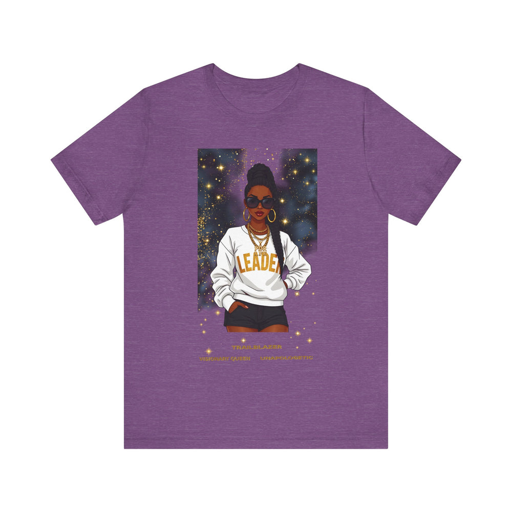 Purple t-shirt with an illustration of a woman wearing a 'Leader' sweatshirt on a white background