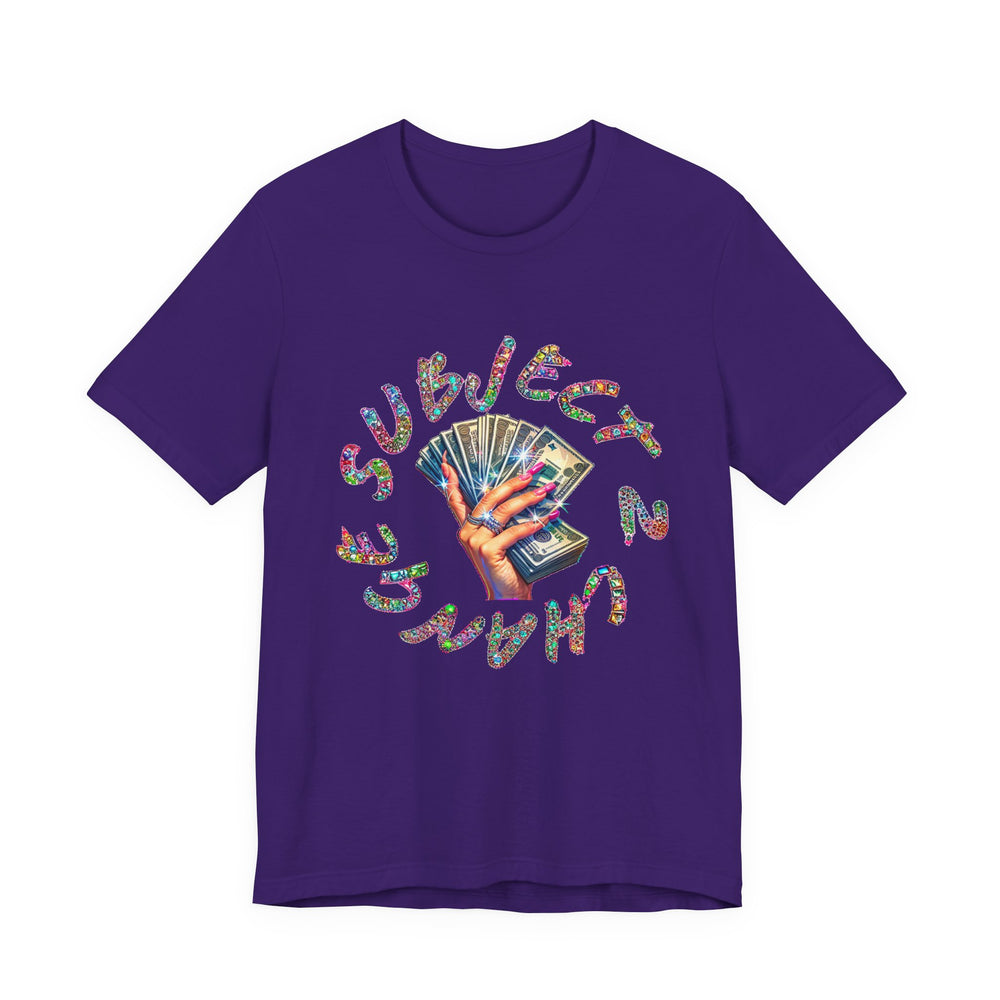 Purple t-shirt with colorful text and graphic design on a white background