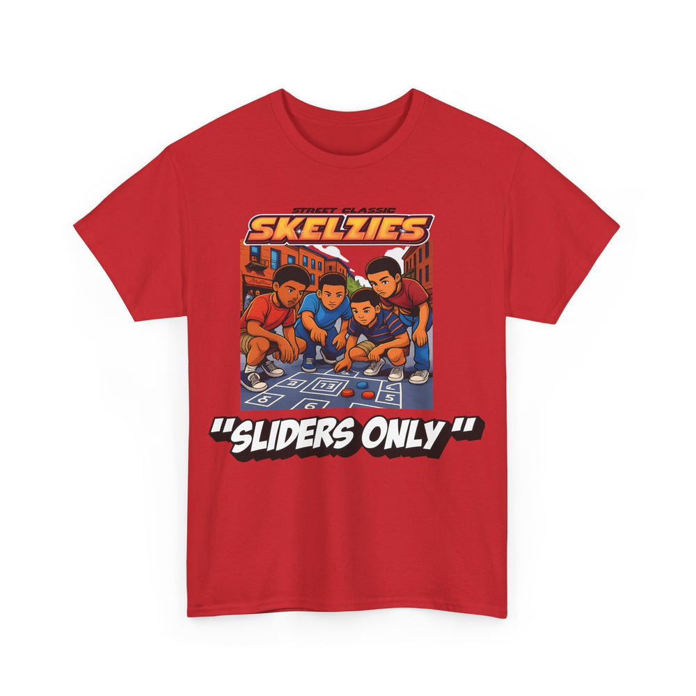 Red t-shirt with 'Skelzies' graphic and text on a white background