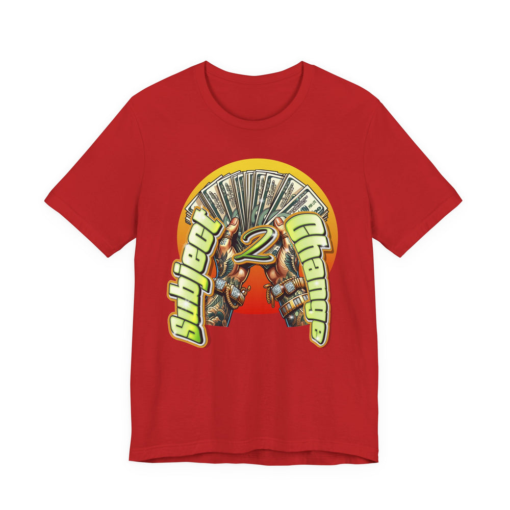 Red t-shirt with a graphic design featuring a helmet and text on a white background