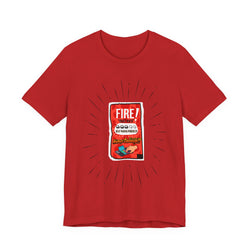 Red t-shirt with a graphic design on a white background