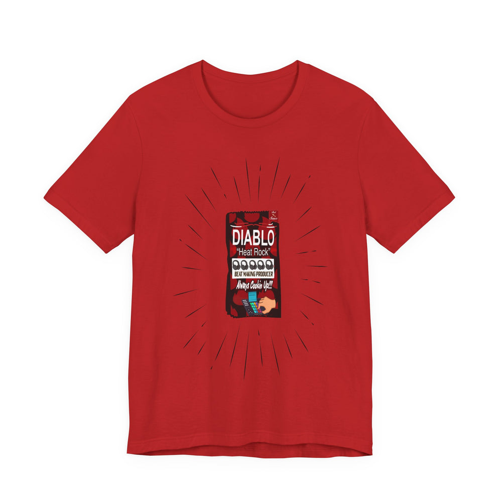 Red t-shirt with a graphic of a Diablo brand product on a white background