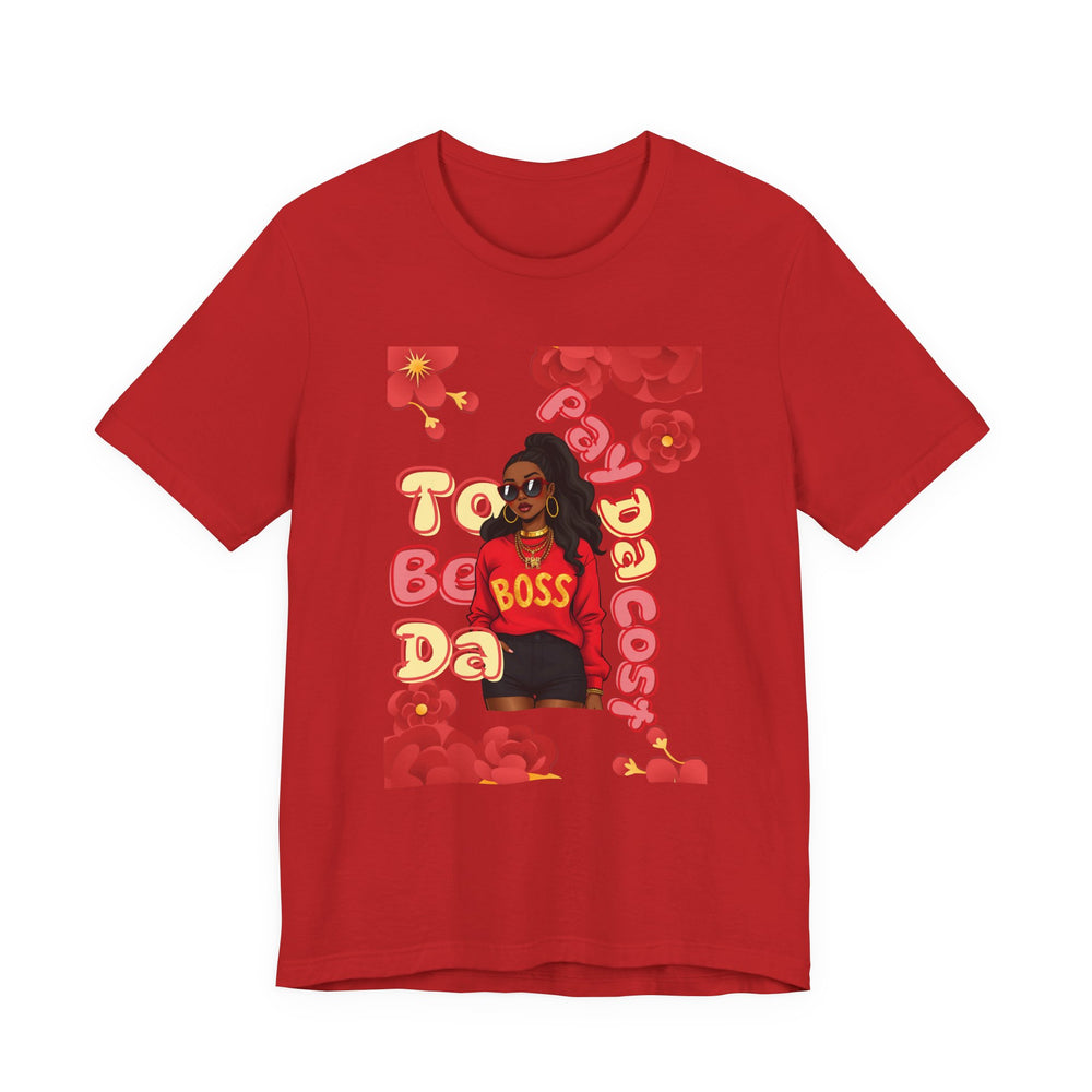 Red t-shirt with a graphic of a person wearing a red sweater and text on a white background