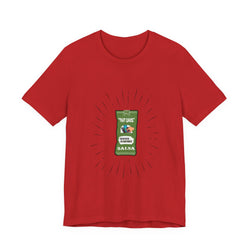 Red t-shirt with a graphic of a salsa bottle label on a white background