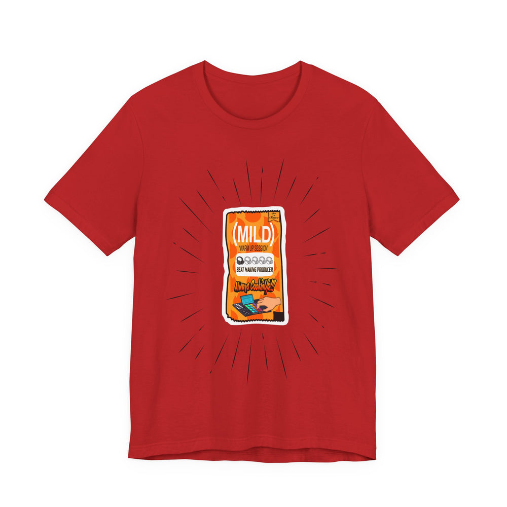 Red t-shirt with a graphic of a snack package on a white background
