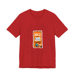 Red t-shirt with a graphic of a snack package on a white background