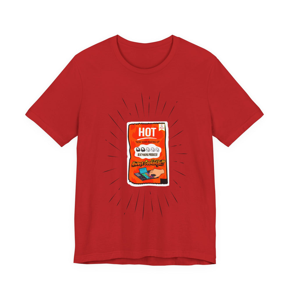 Red t-shirt with a hot sauce packet graphic on a white background