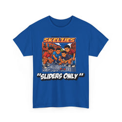 Royal Blue t-shirt with 'Skelzies' graphic and 'Sliders Only' text on a white background