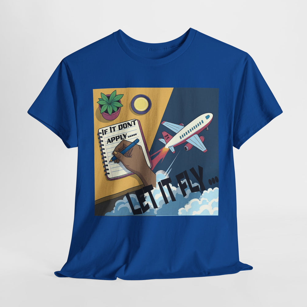 Royal t-shirt with a graphic design featuring a hand, notebook, plant, and airplane on a light gray background.