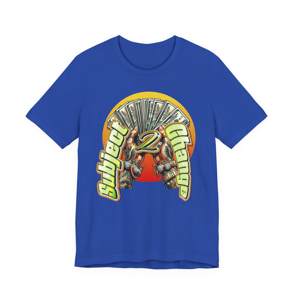 Royal t-shirt with a graphic design featuring a mask and text on a white background