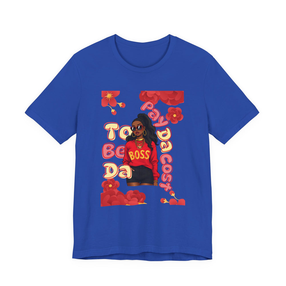 Royal  t-shirt with a graphic design featuring a person in a red sweater and text on a white background