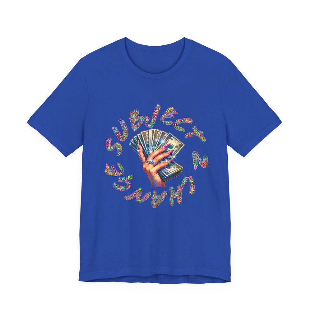Royal t-shirt with colorful graphic design on a white background