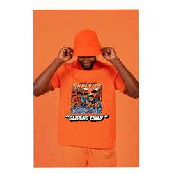 Man wearing a SKELZIES orange t-shirt with a graphic design and text, against an orange background