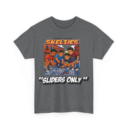 Graphite Heather t-shirt with 'Skelzies' graphic design on a white background