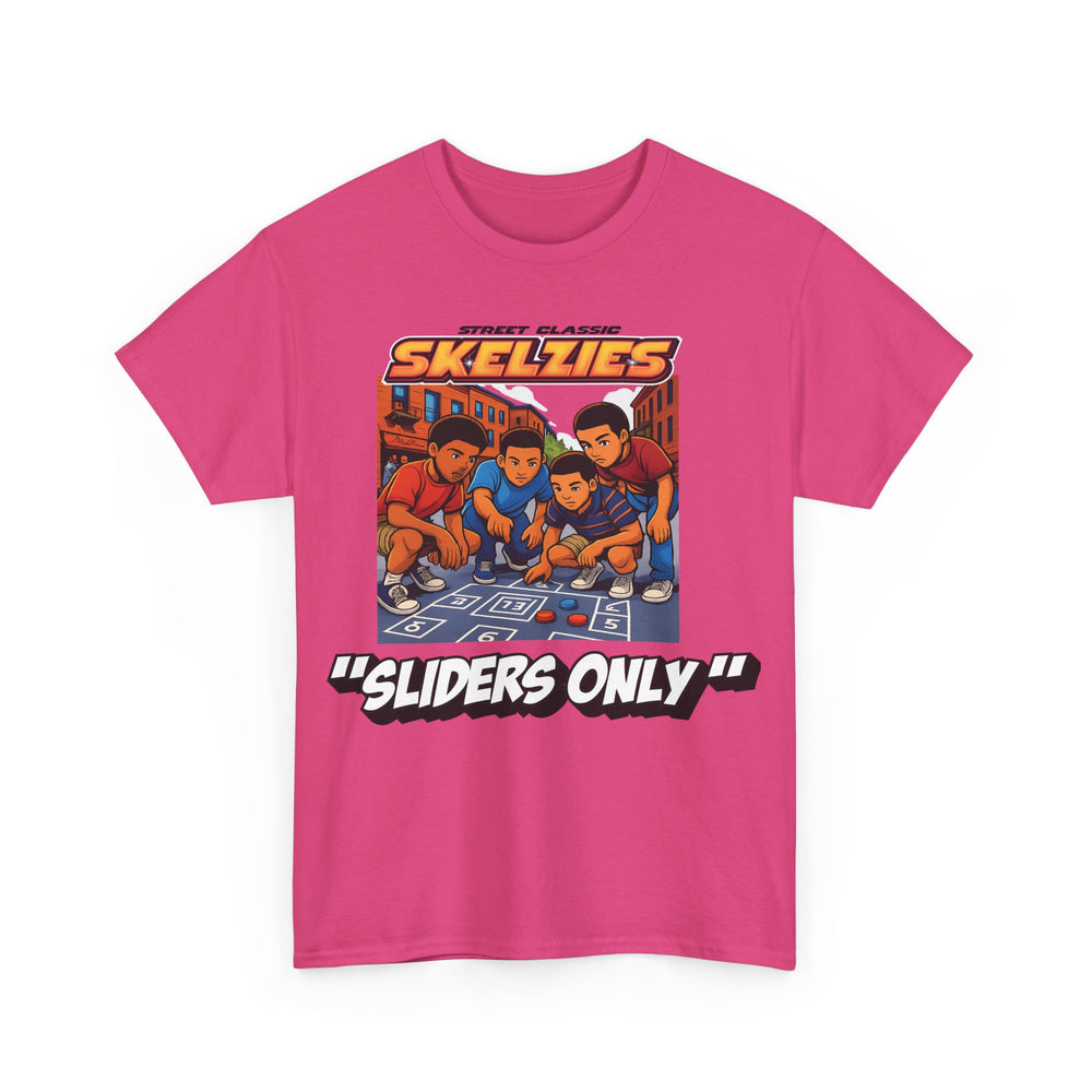 Heliconia t-shirt with 'Skelzies' graphic and text on a white background
