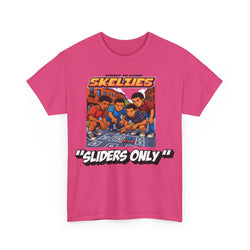Heliconia t-shirt with 'Skelzies' graphic and text on a white background