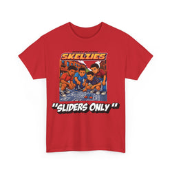 Red t-shirt with 'Skelzies' graphic and text on a white background
