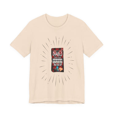 SOFT CREAM t-shirt with a graphic of a Diablo spice packet on a white background