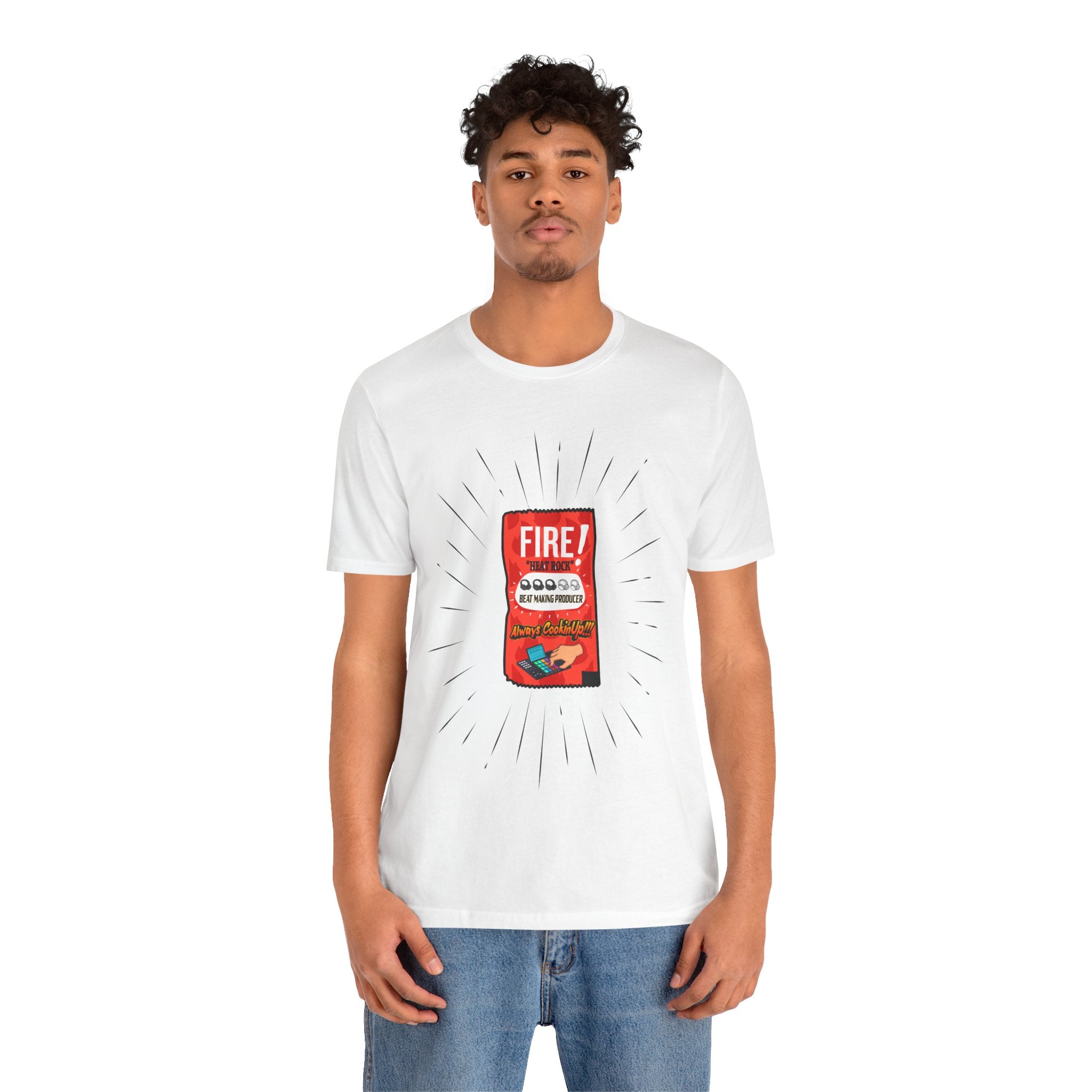 SOLO Person wearing a white t-shirt with a graphic design on a white background