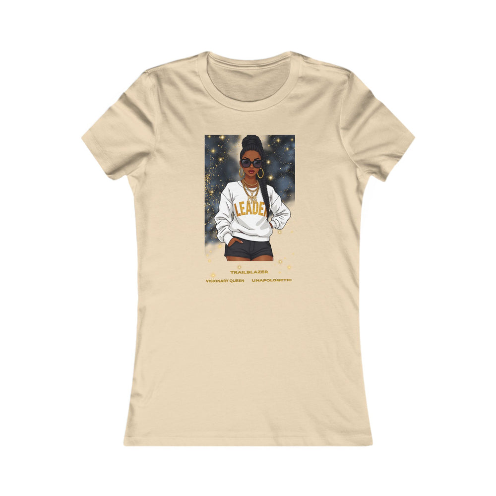 Soft Cream t-shirt with a graphic of a woman wearing sunglasses and a sweatshirt labeled 'Leader' on a white background.