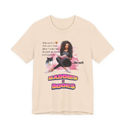 Soft Cream t-shirt with graphic design featuring a woman, cat, and text on a white background