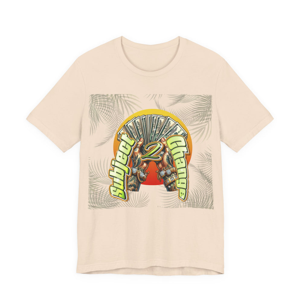 Soft Cream t-shirt with graphic design featuring text and palm leaves on a white background