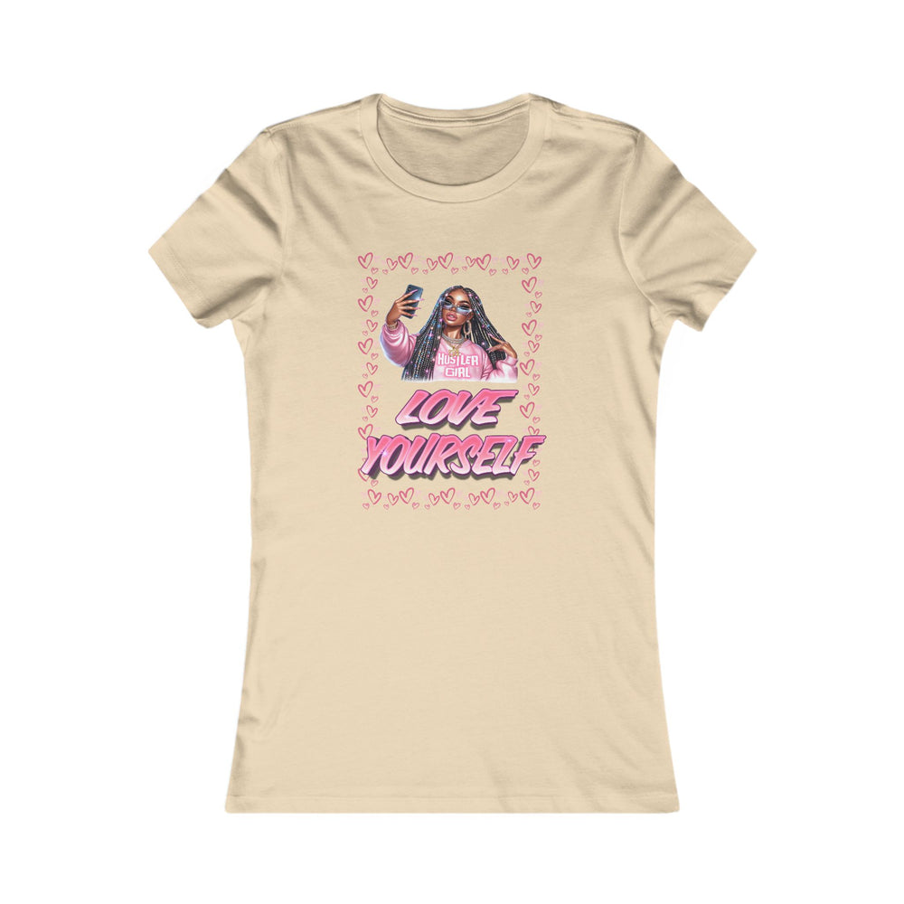 Soft Cream t-shirt with graphic design of a woman taking a selfie and 'Love Yourself' text on a white background