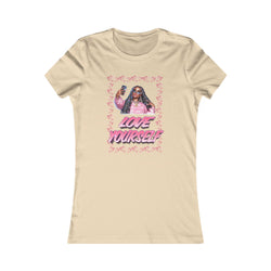 Soft Cream t-shirt with graphic design of a woman taking a selfie and 'Love Yourself' text on a white background