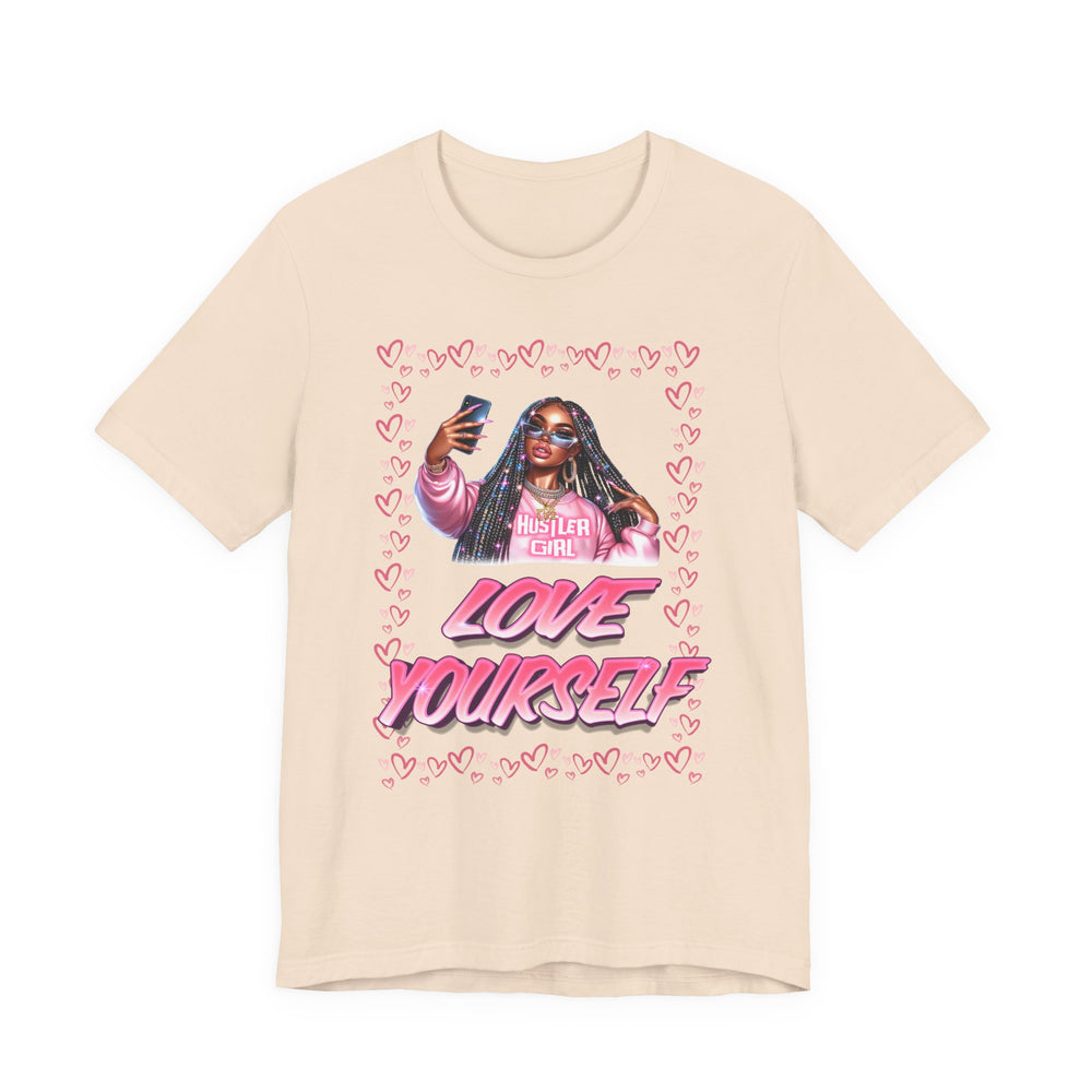 Soft Cream t-shirt with graphic design of a woman, text, and hearts on a white background