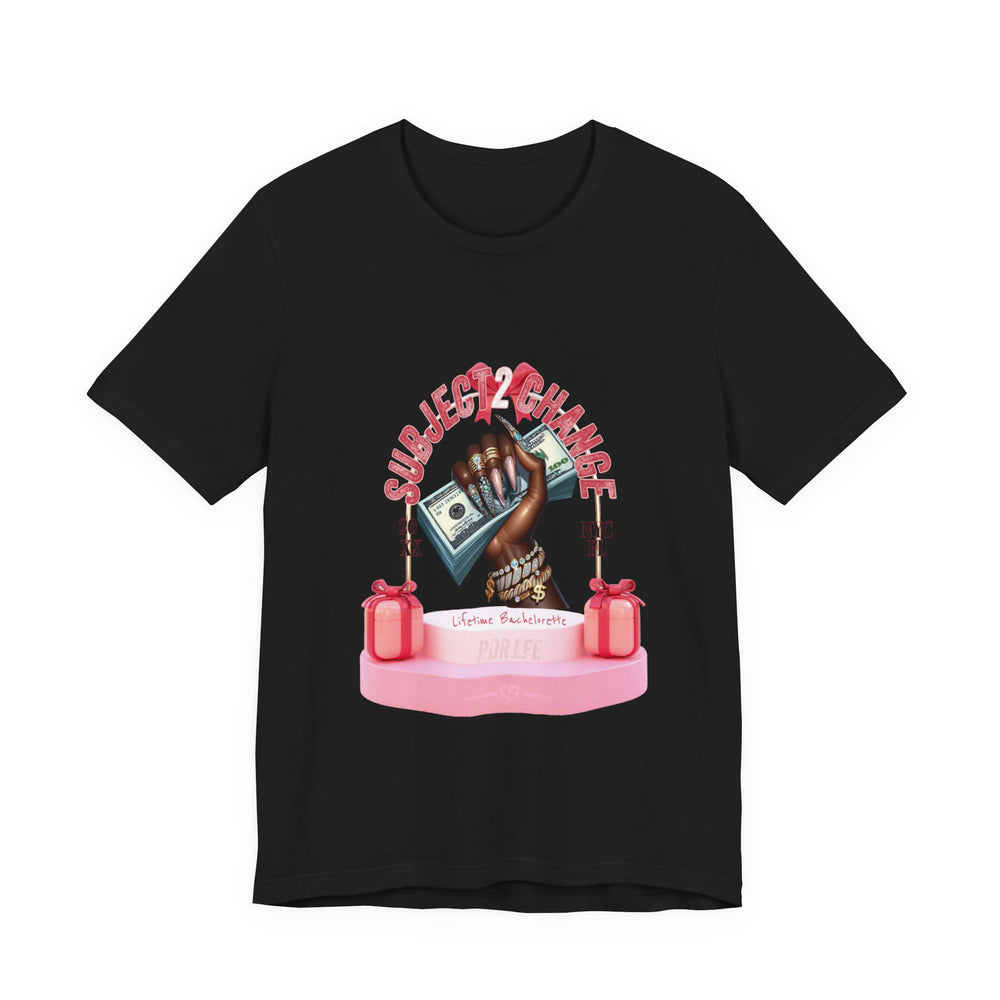 Solid Black t-shirt with a colorful graphic design on a white background