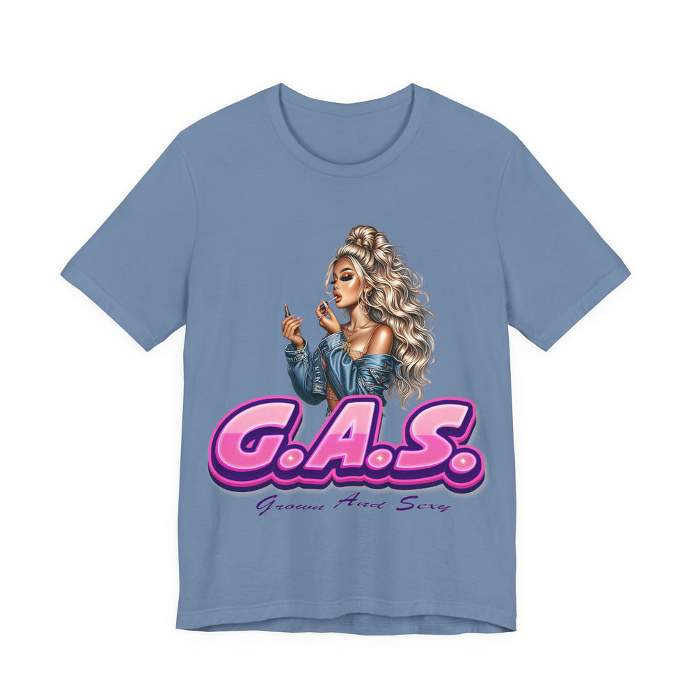 Steel Blue t-shirt with a graphic of a woman and 'G.A.S.' 3 text on a white background