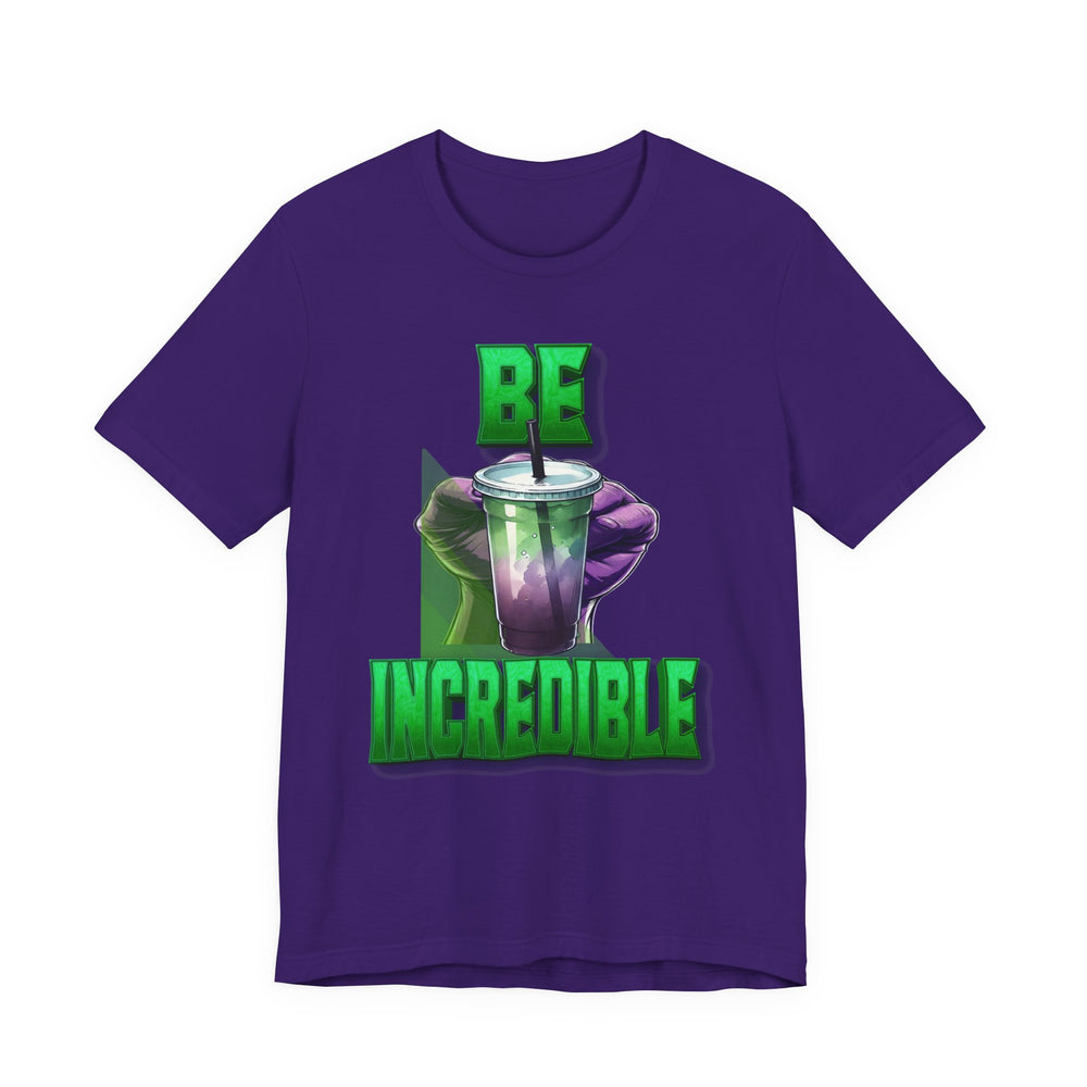 Team Purple t-shirt with a graphic of a green drink and text 'BE INCREDIBLE' on a white background