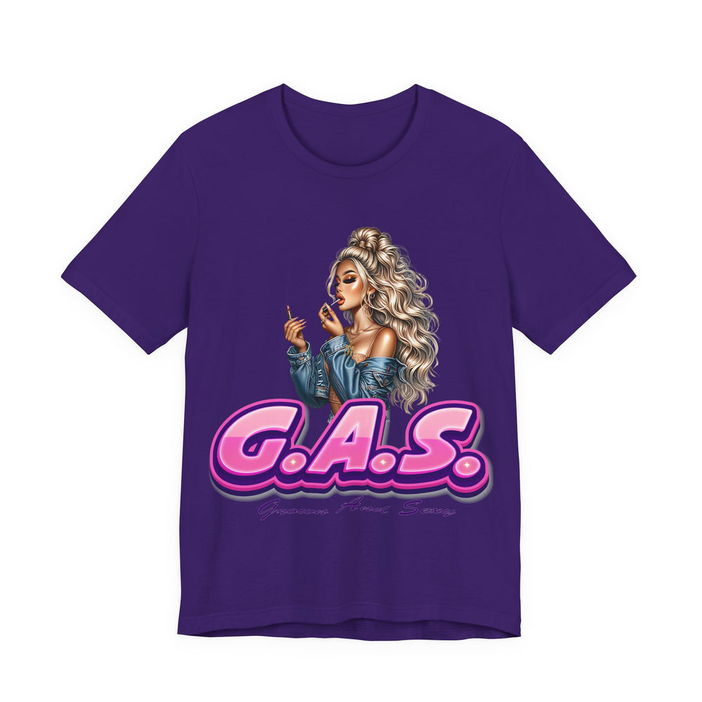 Team Purple t-shirt with a graphic of a woman and 'G.A.S.' 3 text on a white background