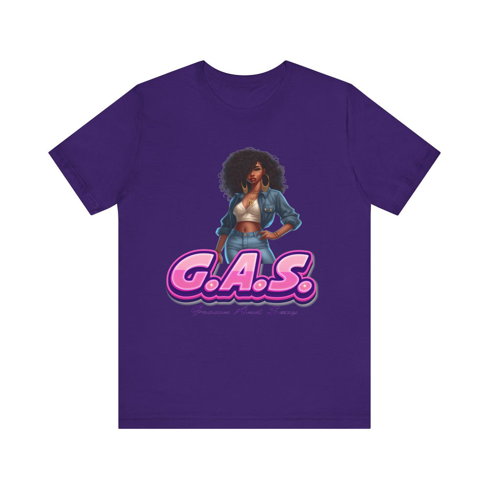 Team Purple t-shirt with a graphic of a woman and 'G.A.S.' text on a white background